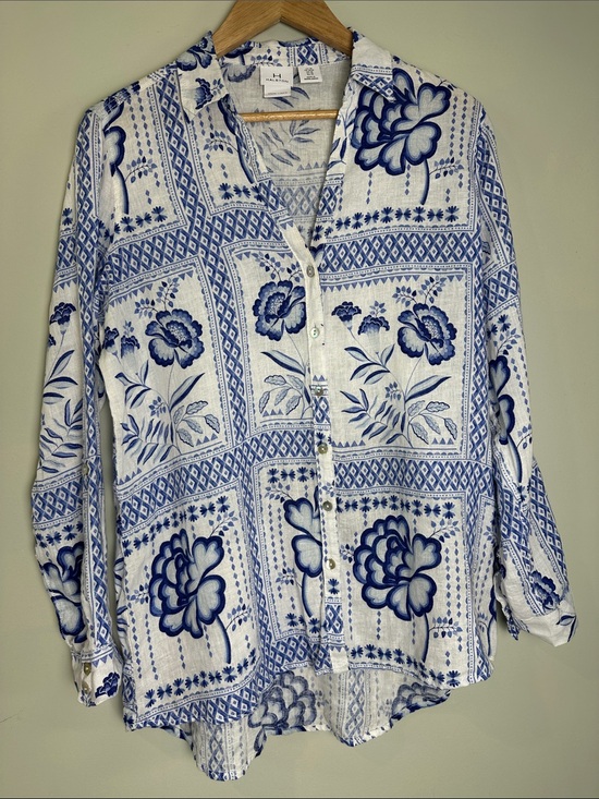 Halston Tops - Oversized 100% Linen White Shirt Blue Floral button coastal resort vacation